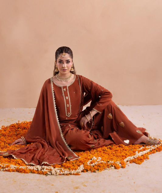 Rust Color Hand Embroidered Silk Salwar Kameez Online in Dubai DXB UAE Abudhabi Meena Bazaar