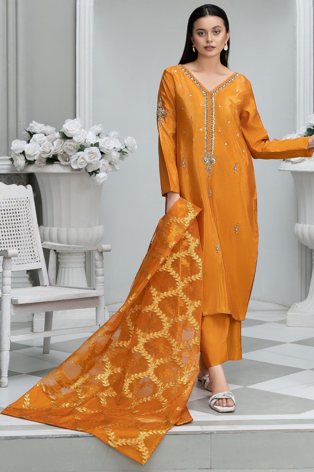 Rust Embellished Kattan Silk Straight Cut Kurta Online in Dubai UAE Abudhabi Ajman Sharjah