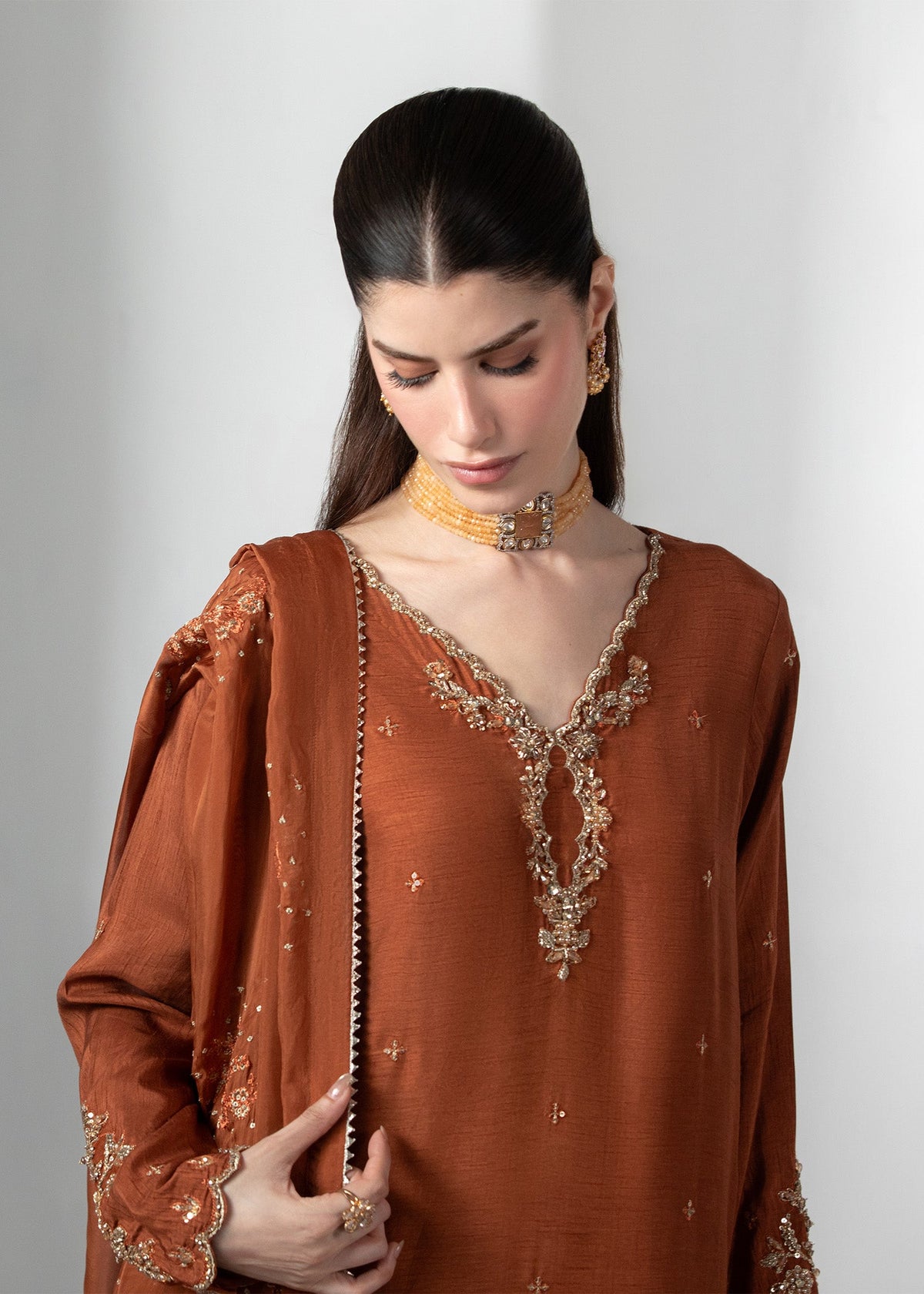 Rust Embellished Raw Silk Festive Suit Online in Dubai DXB UAE Abudhabi Meena Bazaar