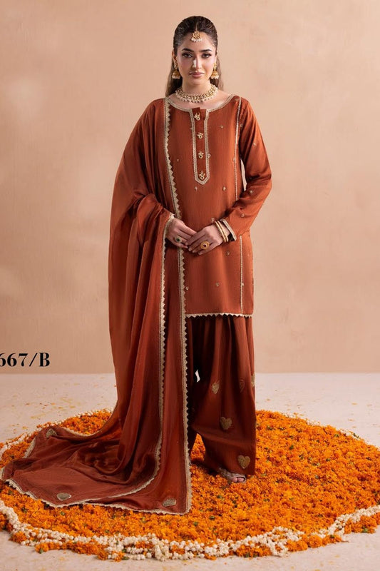 Rust Embroidered Raw Silk Pakistani Suit Online in Dubai UAE Abudhabi Ajman Sharjah