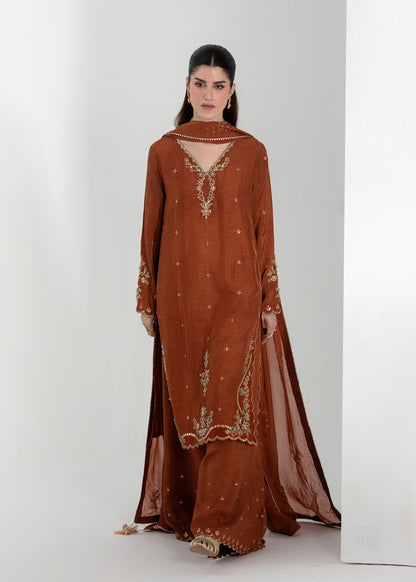 Rust Embroidered Raw Silk Pakistani Suit Online in Dubai UAE Abudhabi Ajman Sharjah