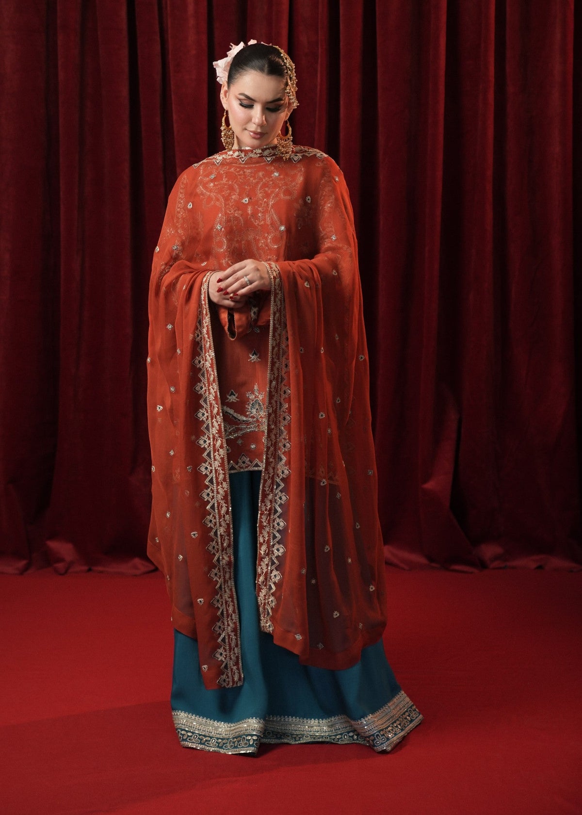 Rust Embroidered Raw Silk Pakistani Suit Online in UK USA Canada