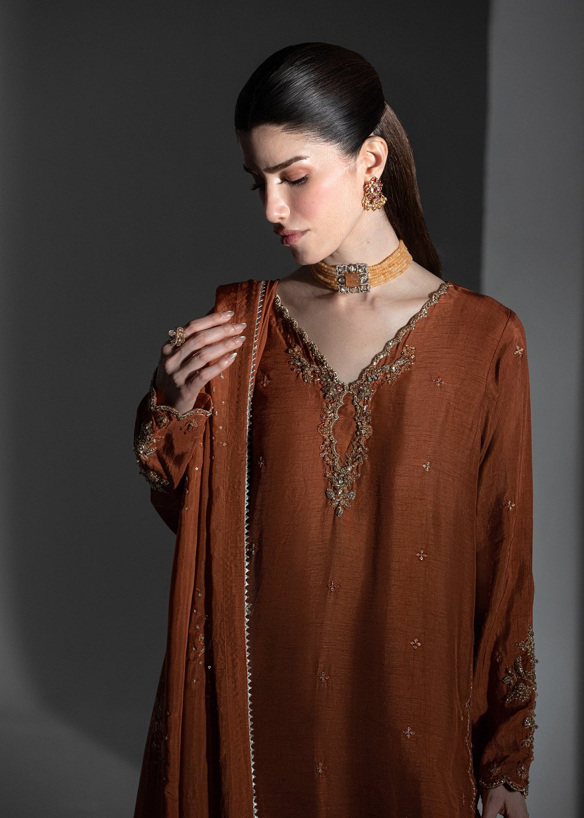 Rust Embroidered Raw Silk Salwar Suit for Women Online in Dubai UAE Abudhabi Ajman Sharjah