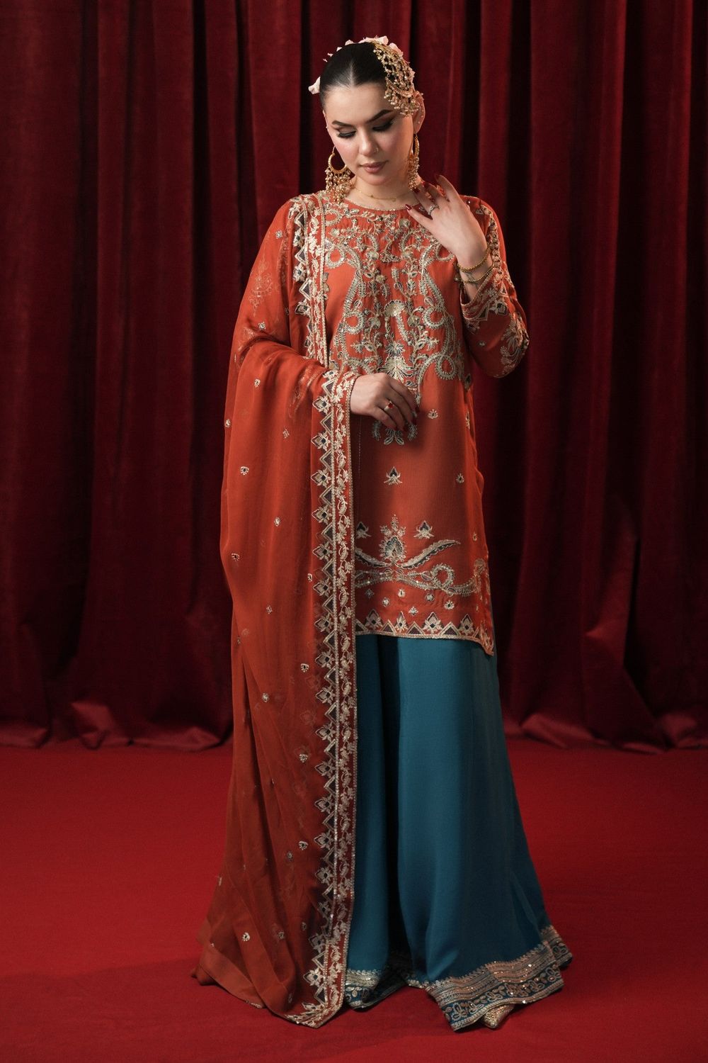 Rust Embroidered Raw Silk Sharara Online in Dubai UAE Abudhabi Ajman Sharjah