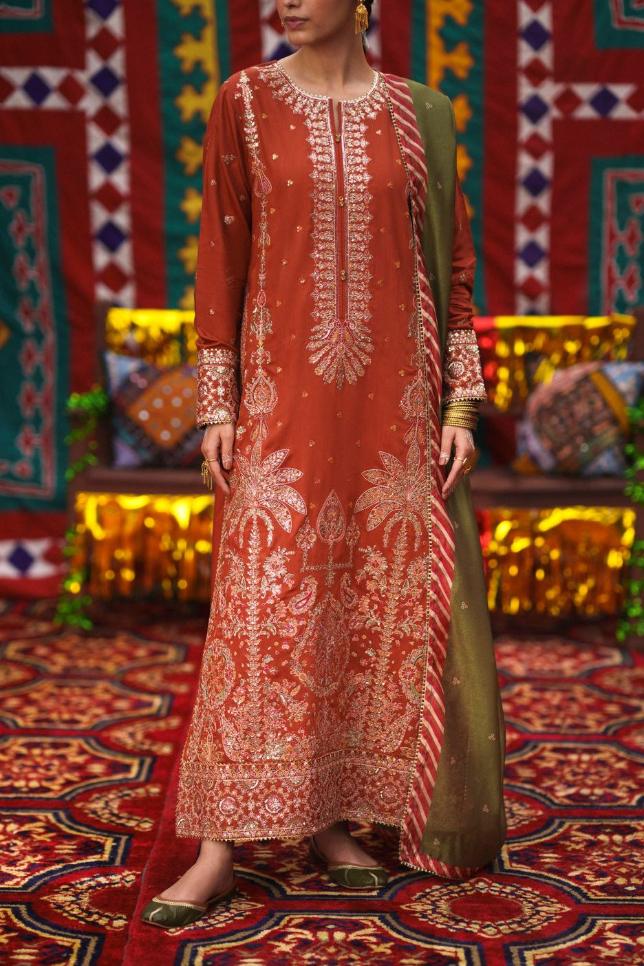 Rust Embroidered Viscose Silk Salwar Kameez Online in Dubai UAE Abudhabi Ajman Sharjah