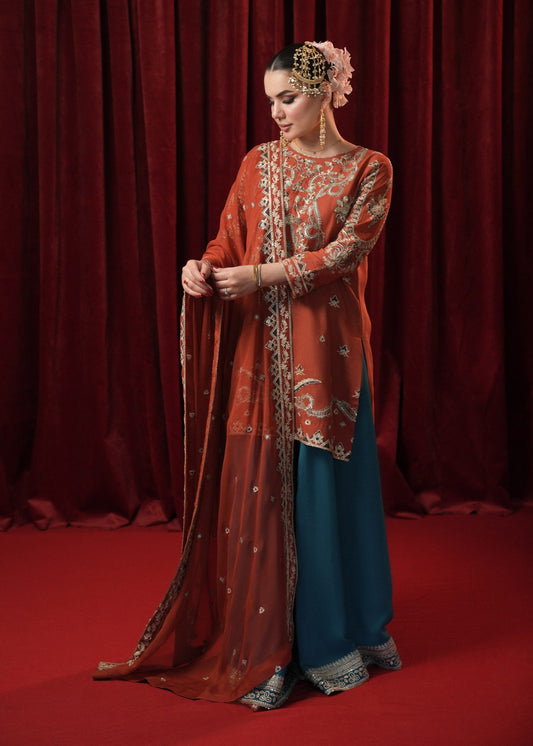 Rust Gold Tilla Embroidered Sharara Online in Dubai DXB UAE Abudhabi Meena Bazaar