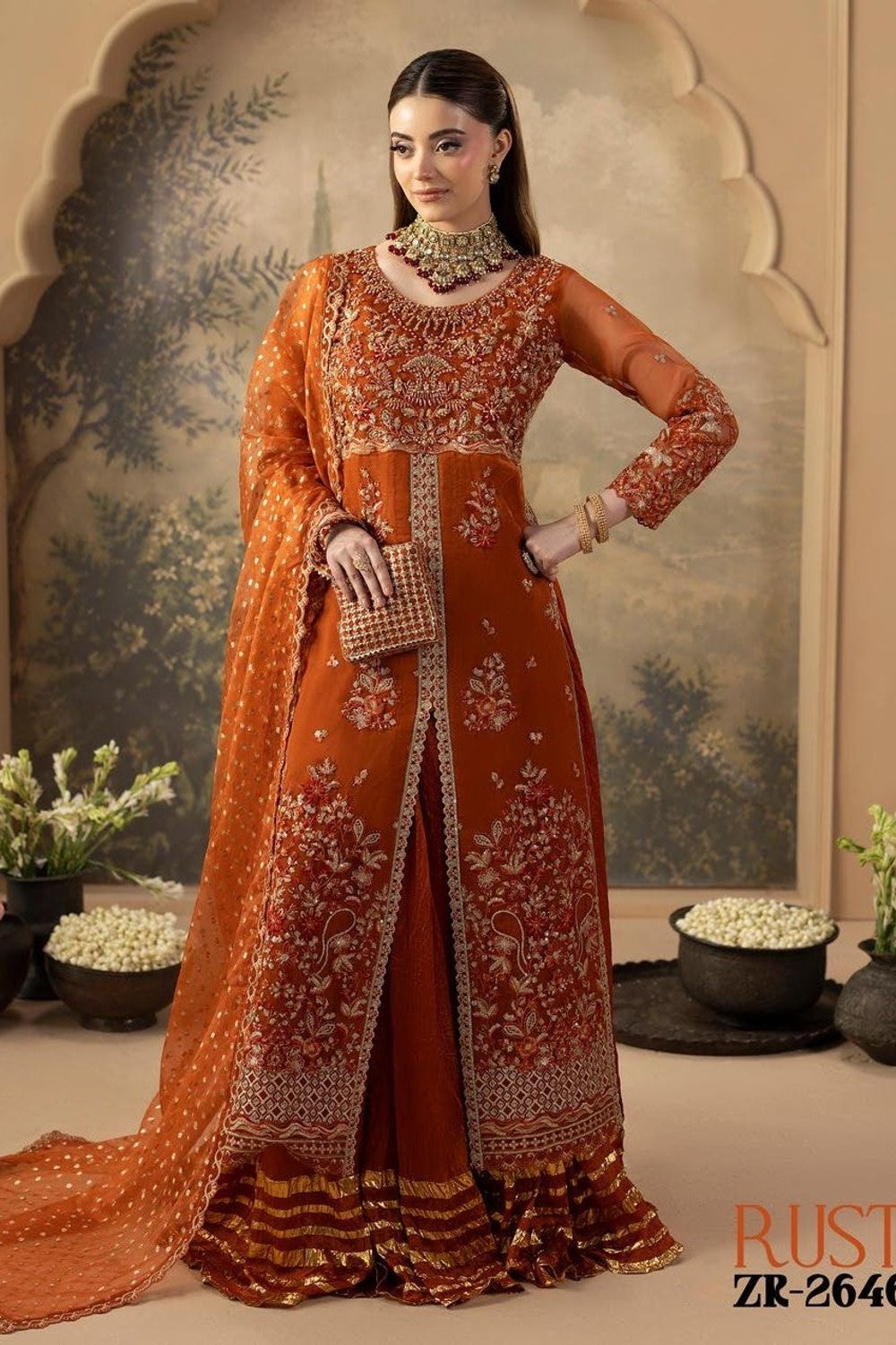 Rust Hand Embellished Organza Sharara Suit Online in Dubai UAE Abudhabi Ajman Sharjah