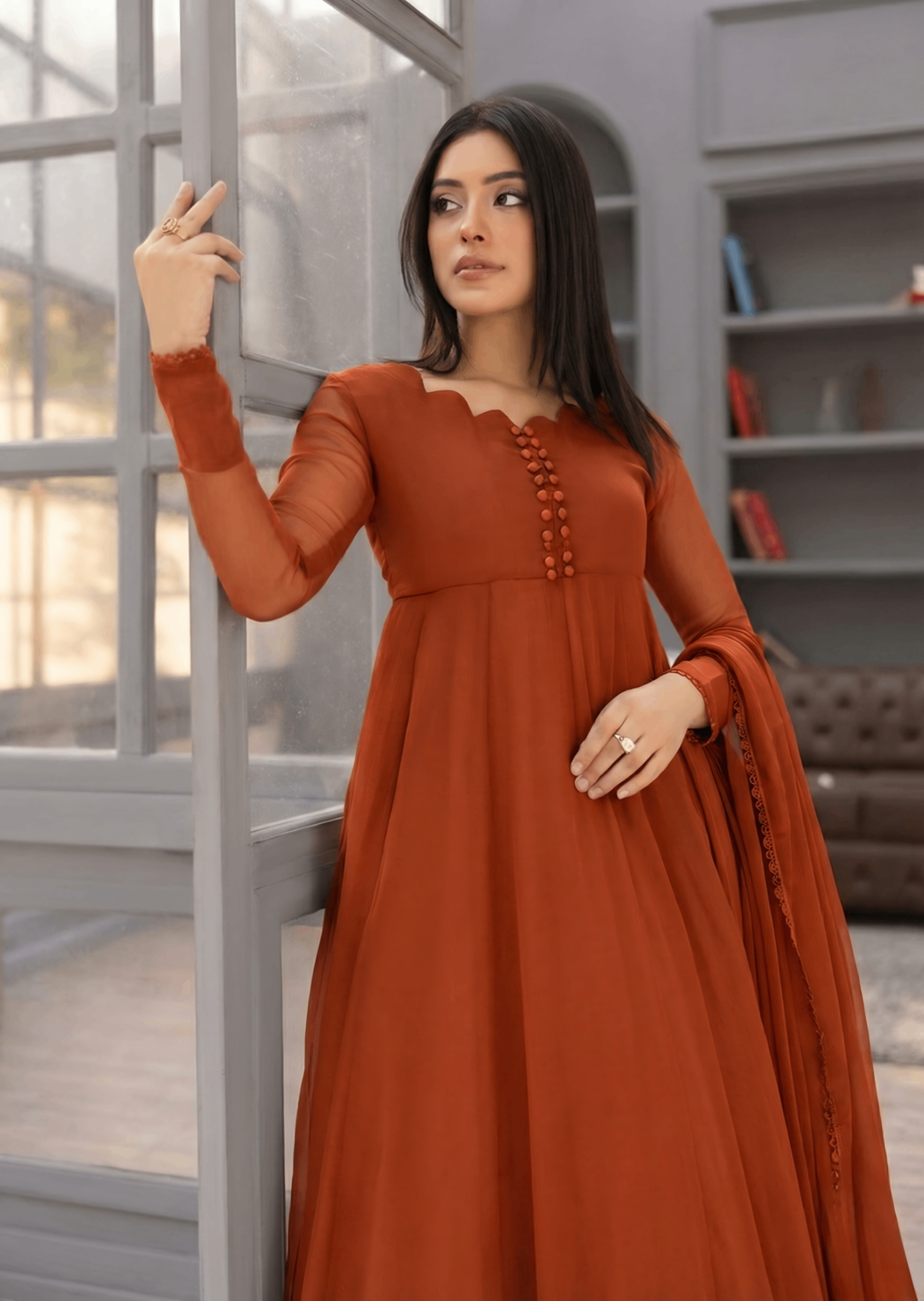 Rust Orange Chiffon Festive Wear Kurta Set Online in Sri Lanka India Australia