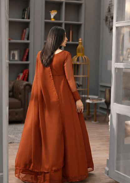 Rust Orange Chiffon Pakistani Partywear Suit Online in Dubai UAE Abudhabi Ajman Sharjah