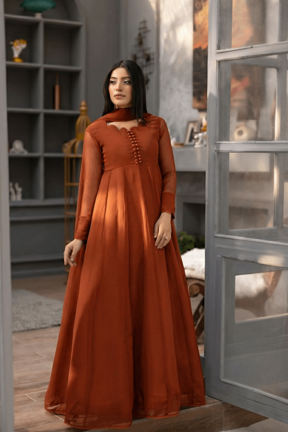 Rust Orange Chiffon Partywear Suit Online in Dubai UAE Abudhabi Ajman Sharjah