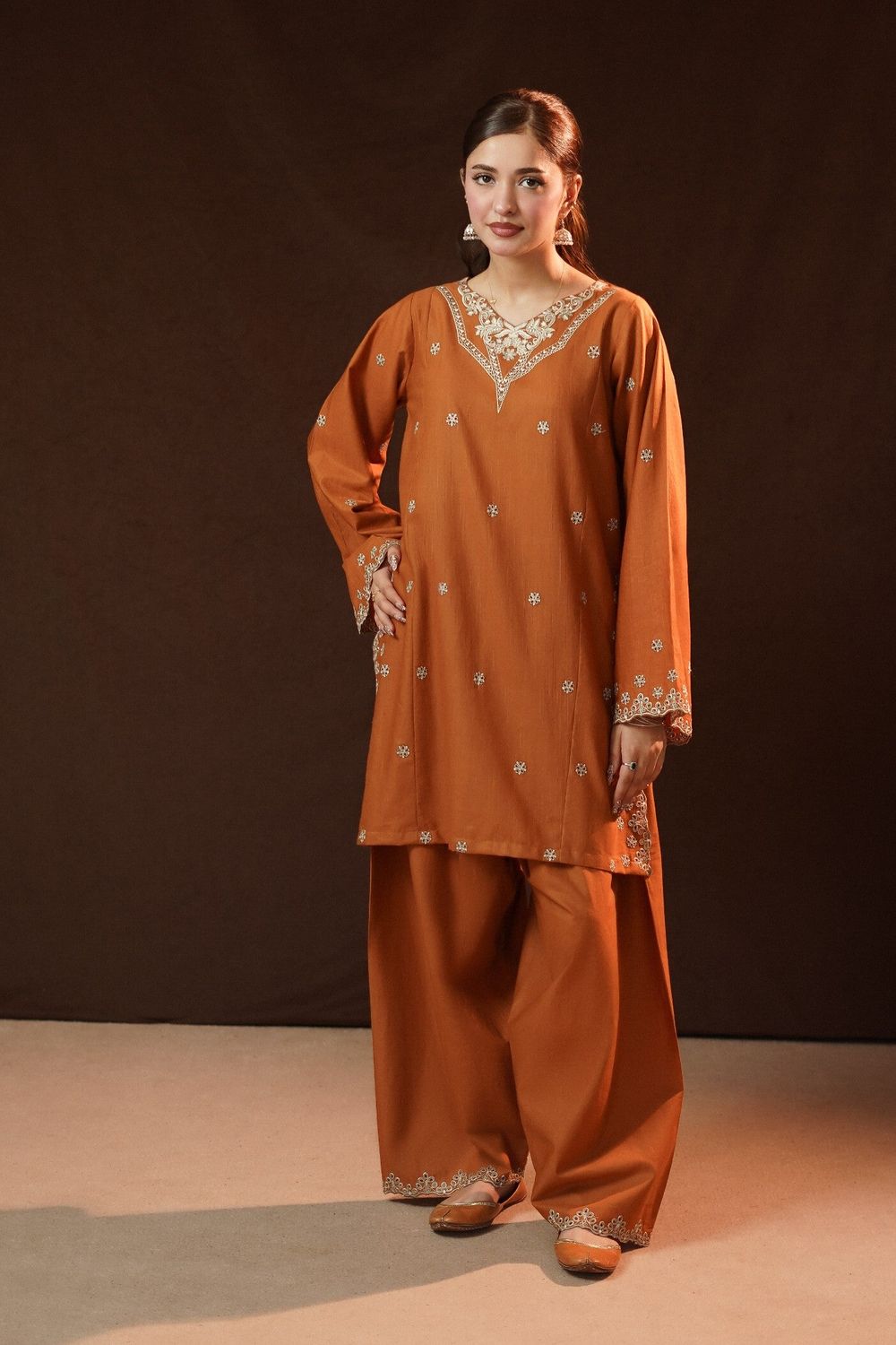 Rust Orange Chikankari Embroidered Slub Khaddar Online in Dubai UAE Abudhabi Ajman Sharjah