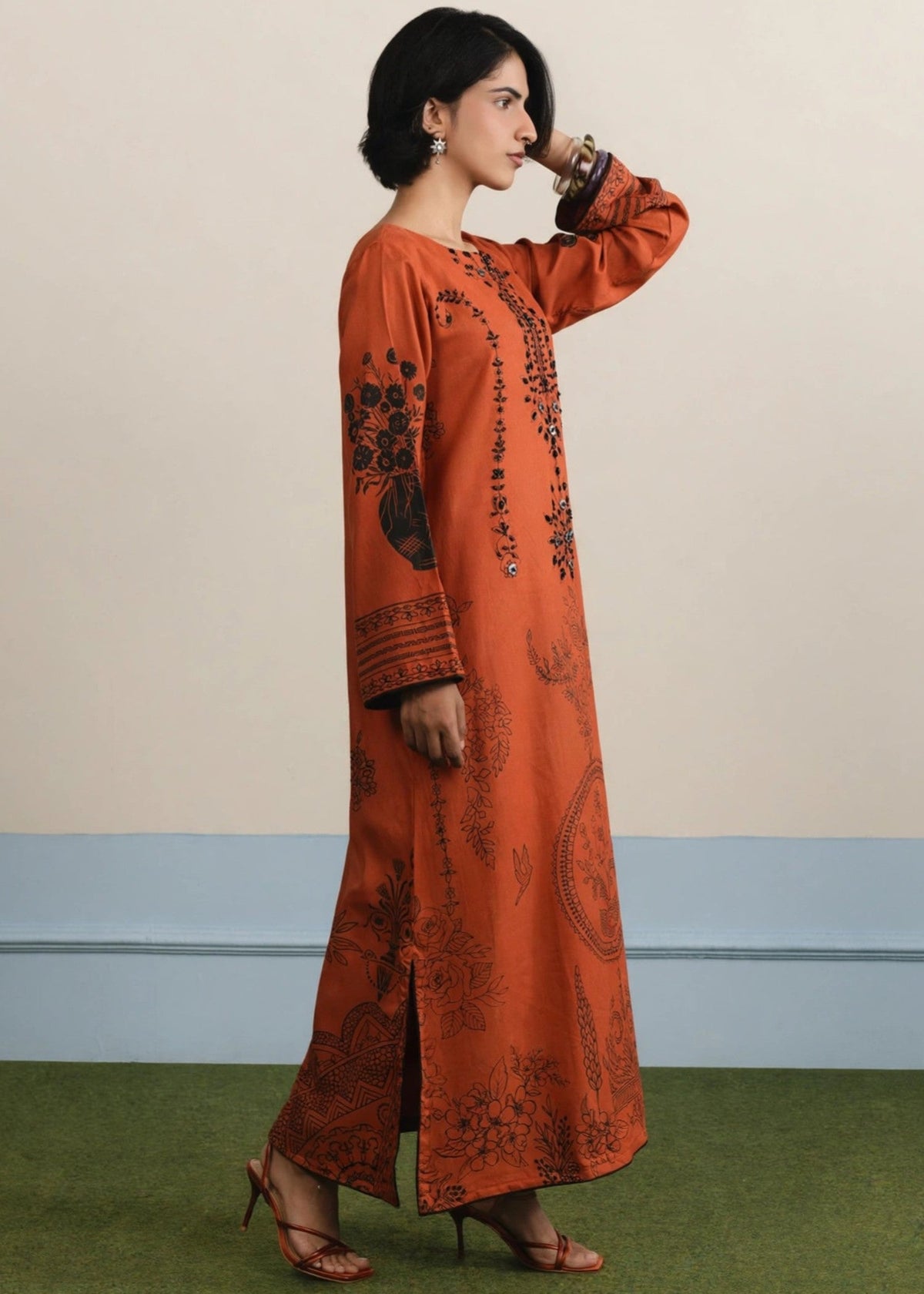 Rust Orange Dhanak Kaftan for Women Online in Dubai UAE Abudhabi Ajman Sharjah