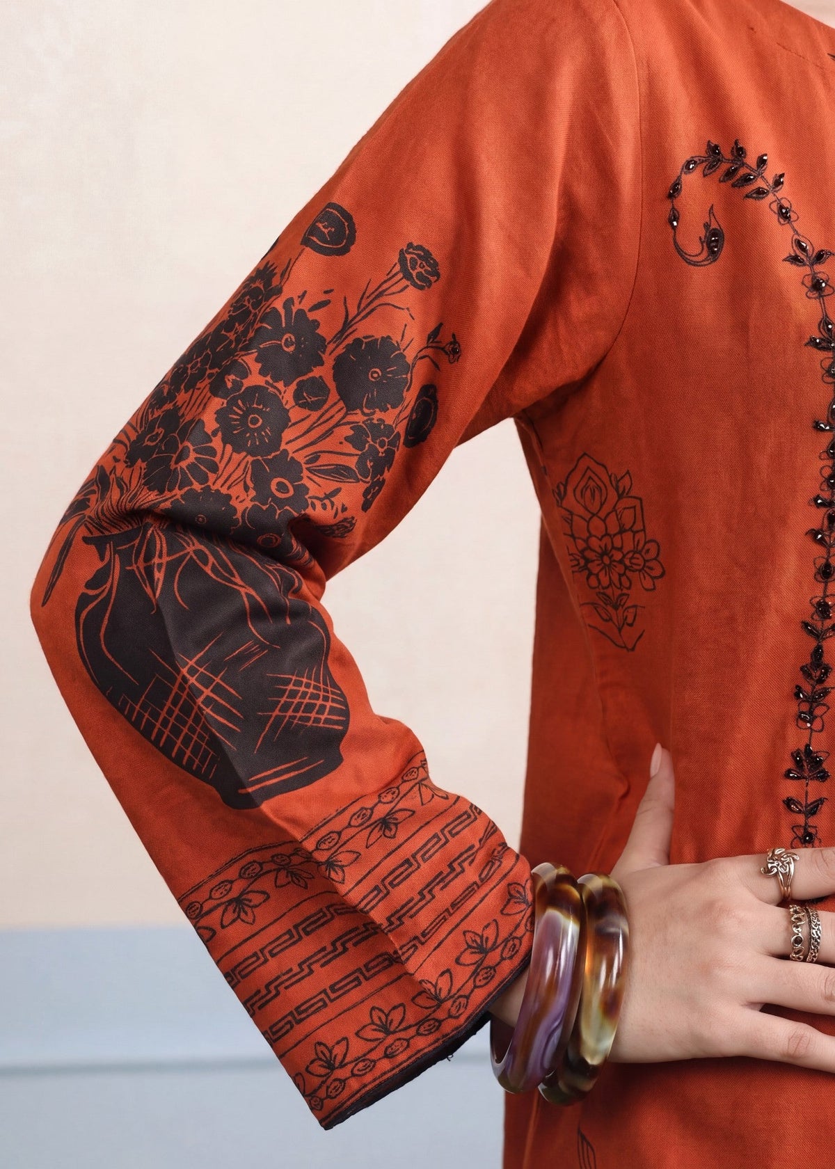 Rust Orange Dhanak Kaftan with Embroidery Online in Sri Lanka India Australia
