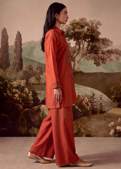 Rust Orange Dhanak Tunic Shirt and Trouser Set Online in Dubai UAE Abudhabi Ajman Sharjah