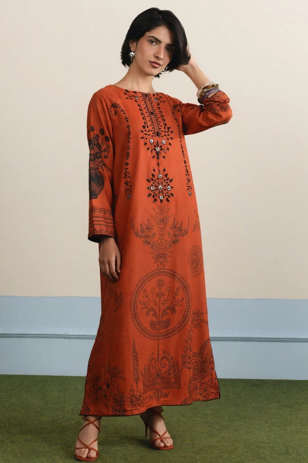 Rust Orange Embellished Dhanak Kaftan Online in Dubai UAE Abudhabi Ajman Sharjah