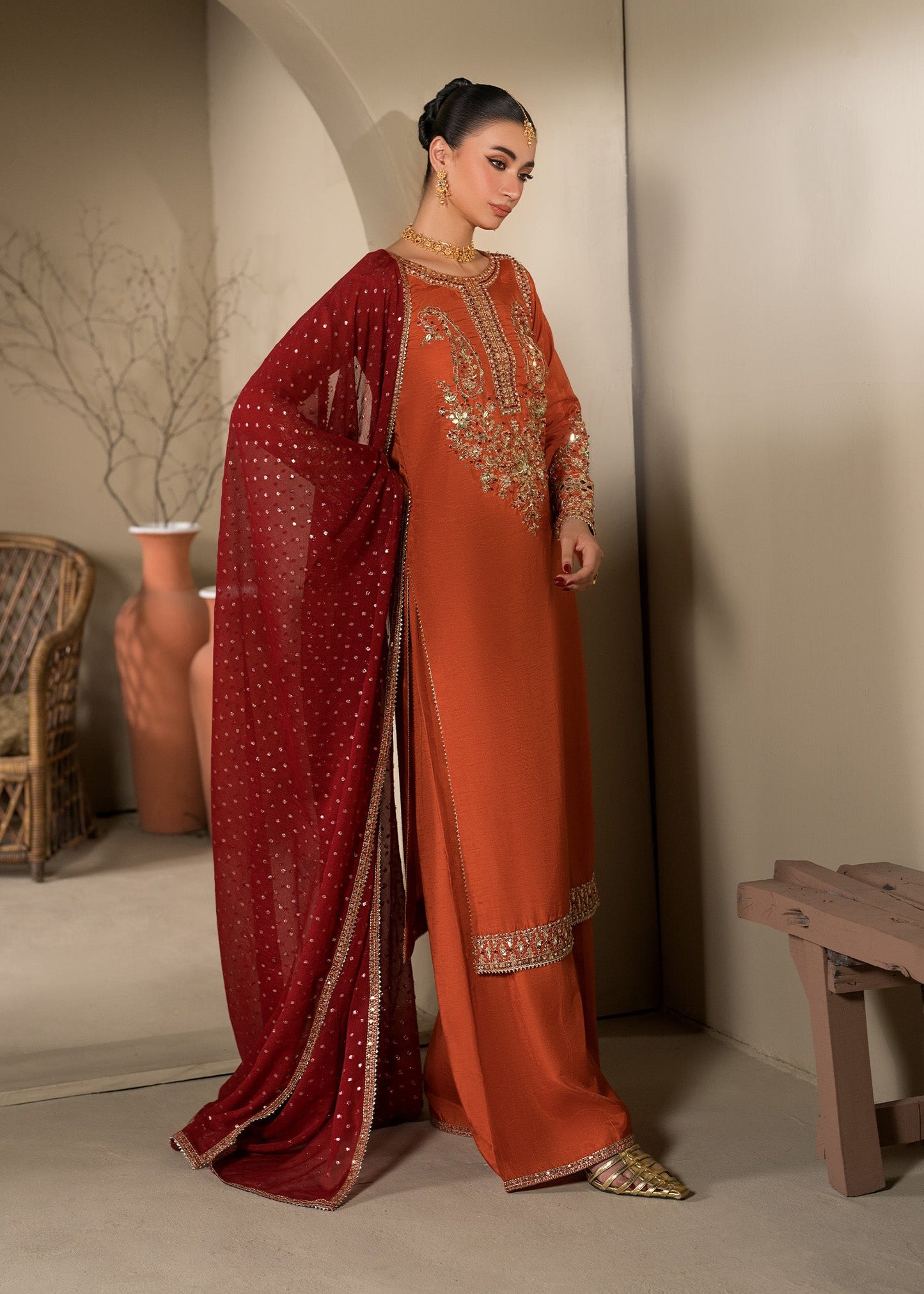 Rust Orange Embellished Raw Silk Kurta Palazzo Set Online in Dubai UAE Abudhabi Ajman Sharjah