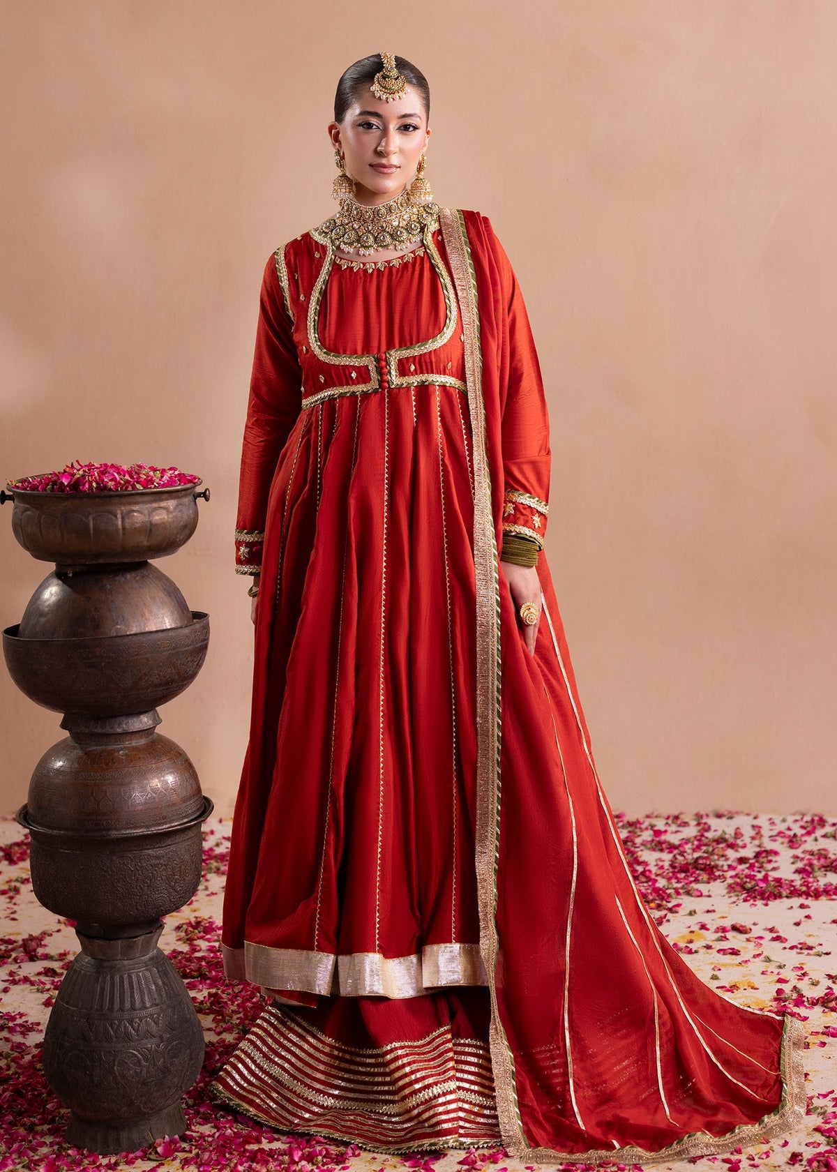 Rust Orange Embellished Raw Silk Pishwas Sharara Ladies Partywear Suit Online in KSA Riyadh Saudi Arabia Oman Bahrain Qatar
