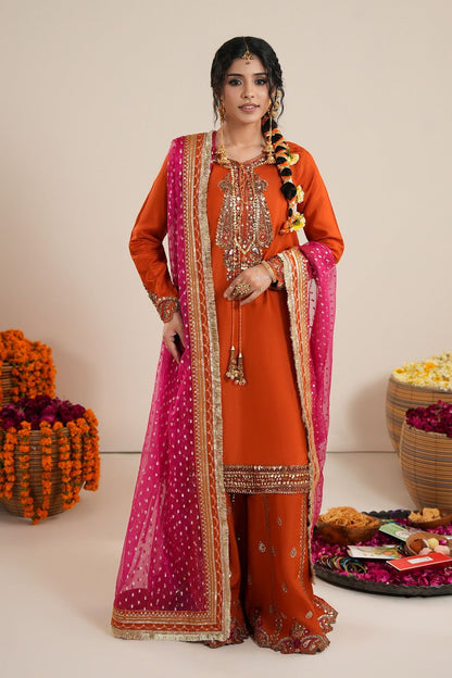 Rust Orange Embellished Raw Silk Sharara Suit Online in Dubai UAE Abudhabi Ajman Sharjah