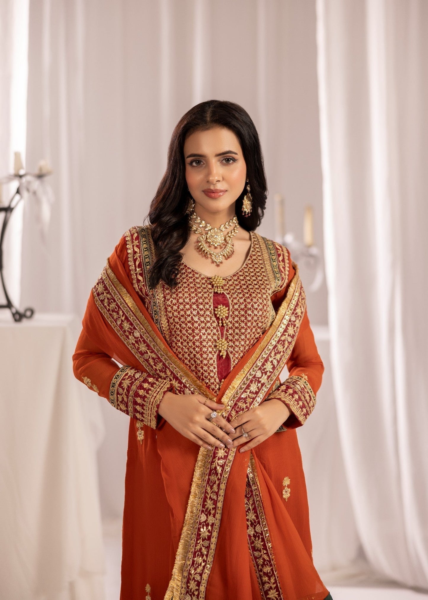 Rust Orange Embroidered 3 Piece Party Wear Set Online in UK USA Canada