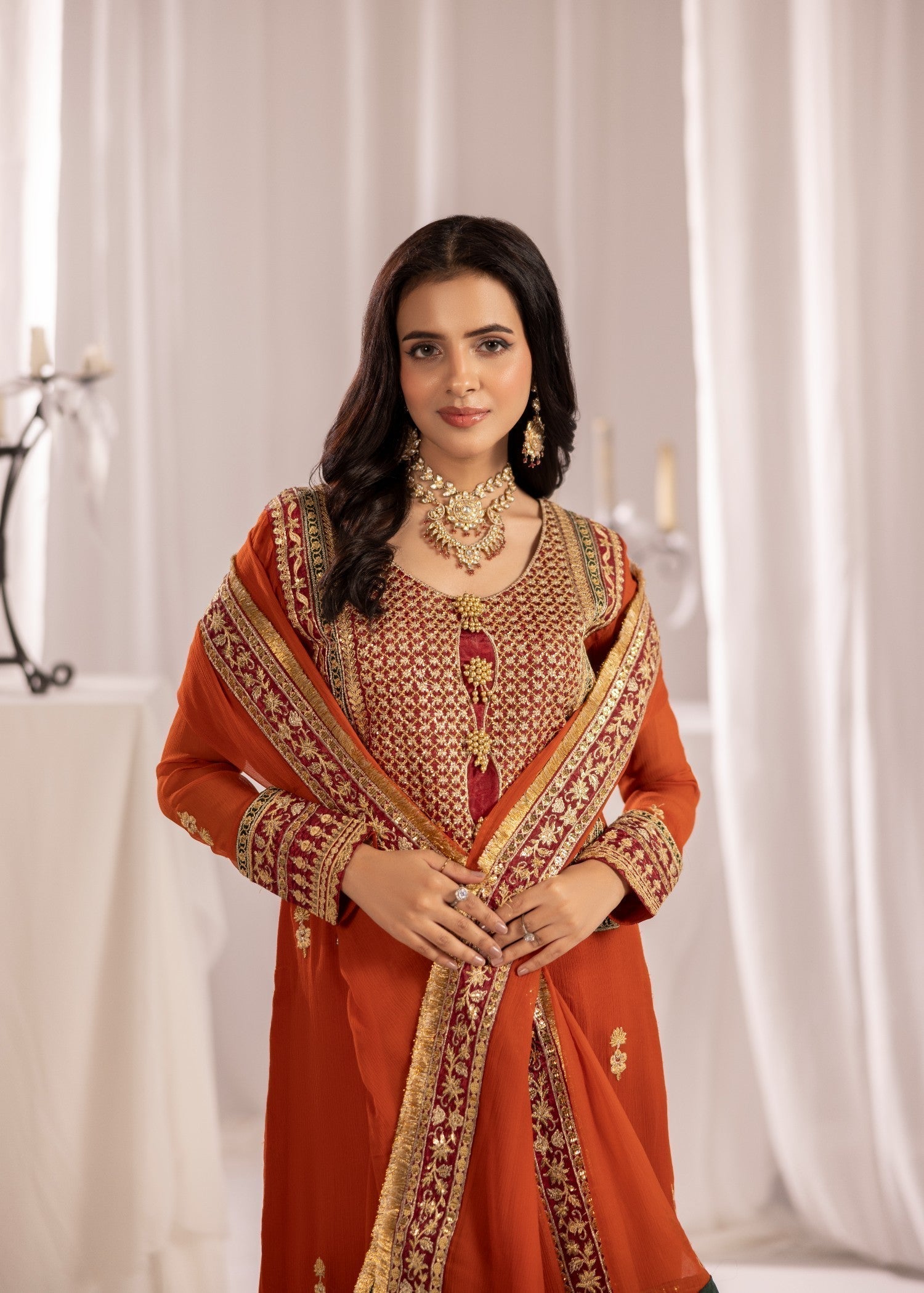 Rust Orange Embroidered 3 Piece Party Wear Set Online in UK USA Canada