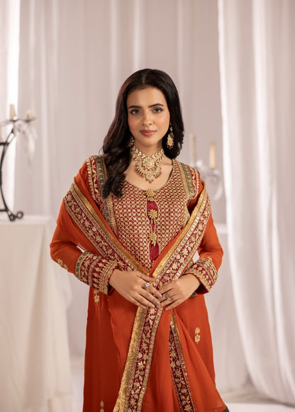 Rust Orange Embroidered 3 Piece Party Wear Set Online in UK USA Canada