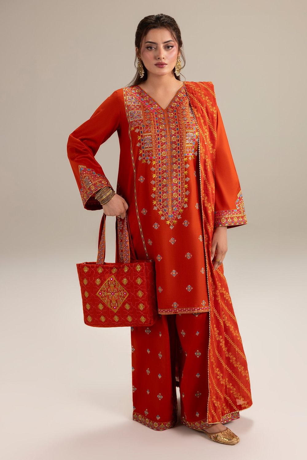 Rust Orange Embroidered Cotton Farshi Suit Online in Dubai UAE Abudhabi Ajman Sharjah