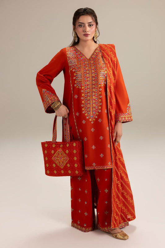 Rust Orange Embroidered Cotton Farshi Suit Online in Dubai UAE Abudhabi Ajman Sharjah