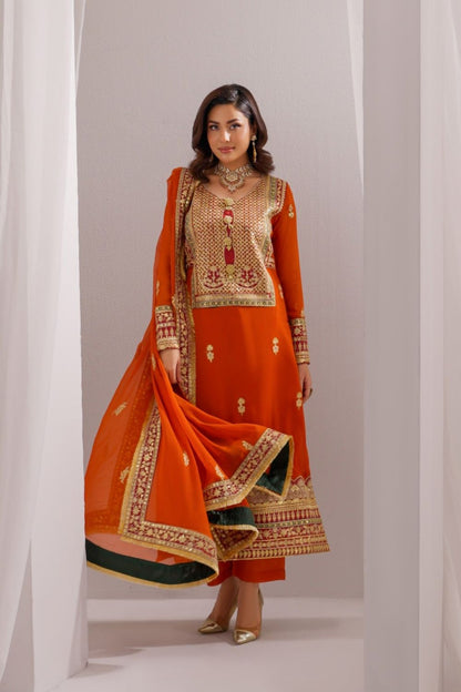 Rust Orange Embroidered Crinkle Chiffon Kurta Set Online in Dubai UAE Abudhabi Ajman Sharjah
