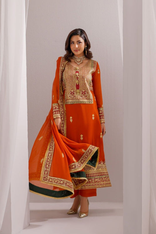 Rust Orange Embroidered Crinkle Chiffon Kurta Set Online in Dubai UAE Abudhabi Ajman Sharjah