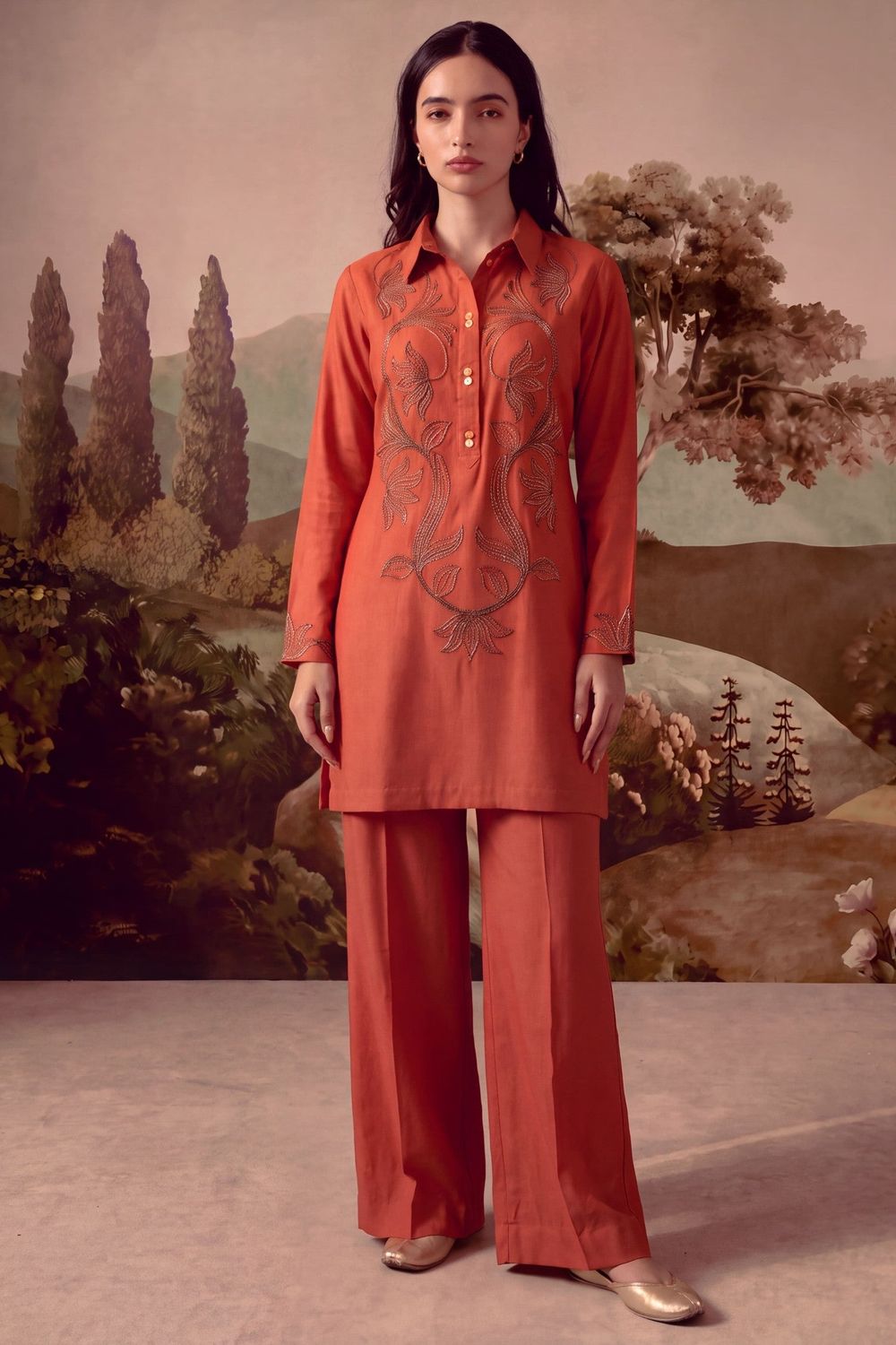 Rust Orange Embroidered Dhanak Tunic Suit Online in Dubai UAE Abudhabi Ajman Sharjah