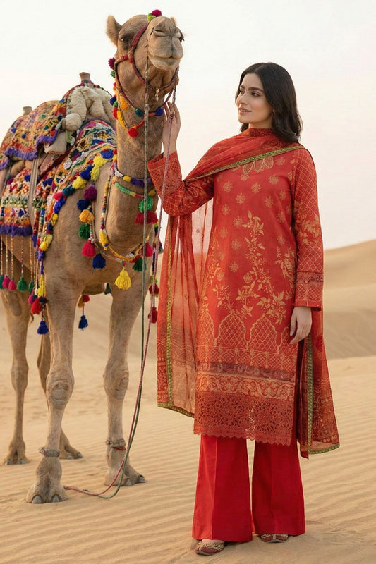 Rust Orange Embroidered Jacquard Bell-Bottom Salwar Suit Online in Dubai UAE Abudhabi Ajman Sharjah