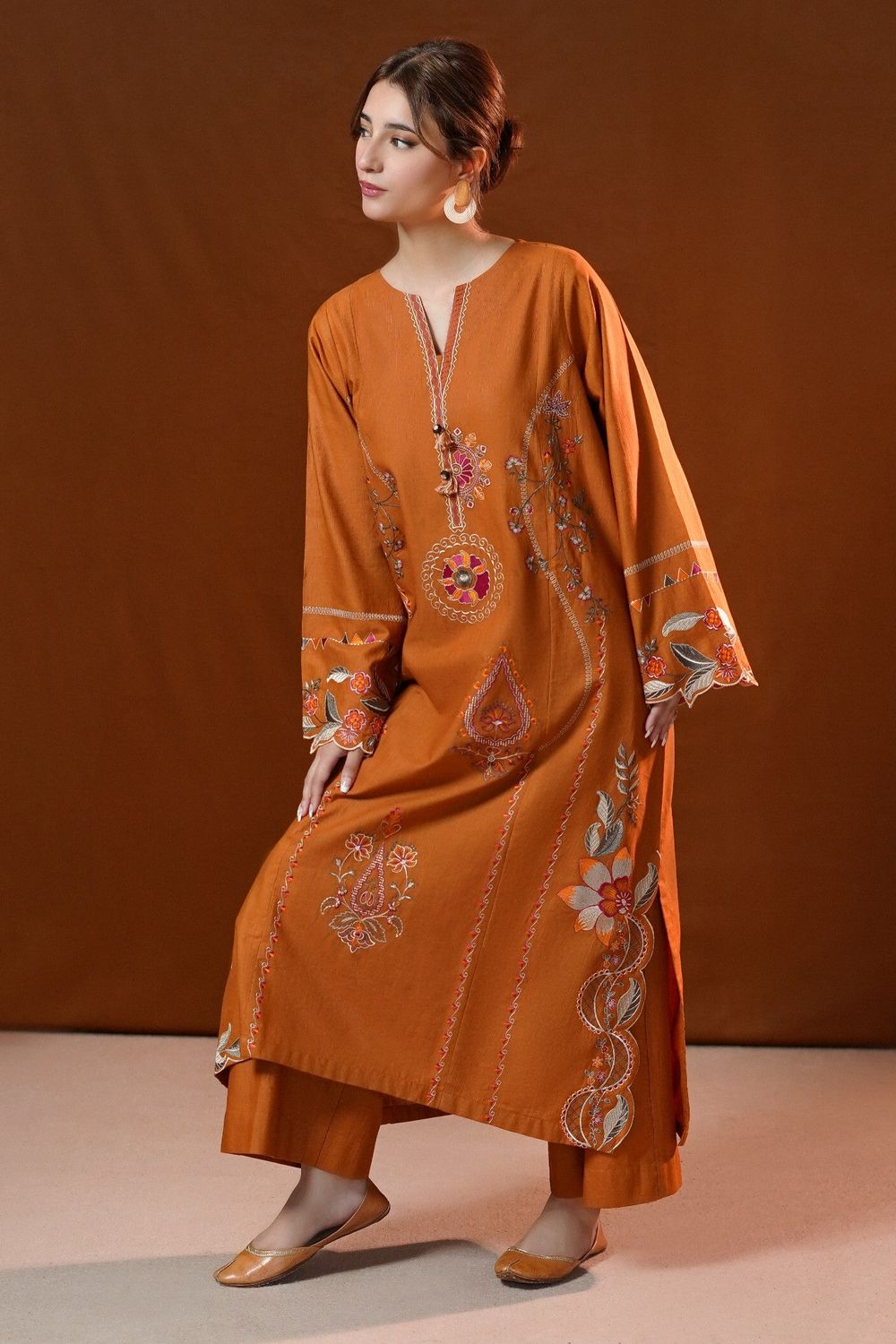 Rust Orange Embroidered Khaddar Kurta Set Online in Dubai UAE Abudhabi Ajman Sharjah