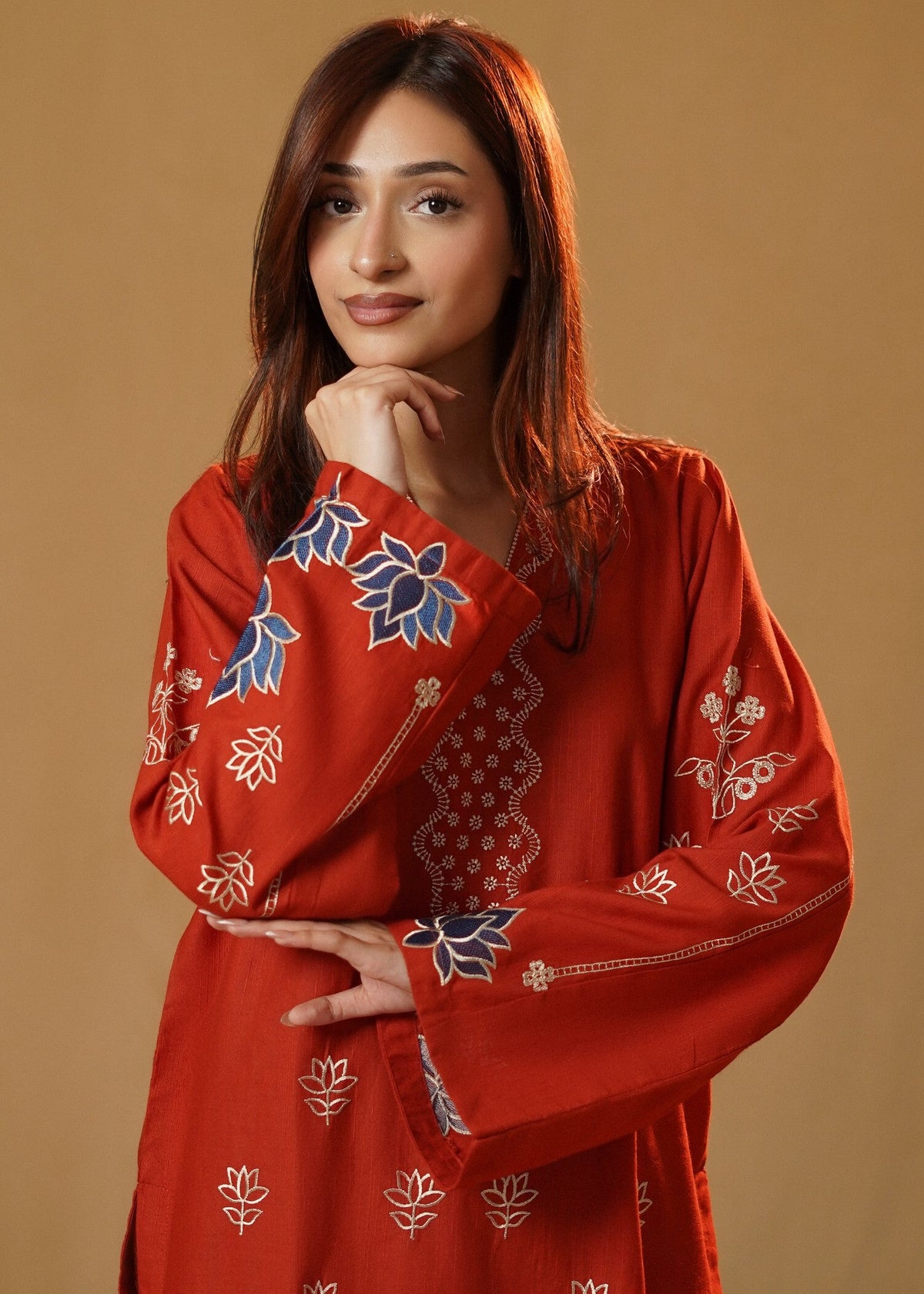 Rust Orange Embroidered Khaddar Slub Khaddar Online in Dubai DXB UAE Abudhabi Meena Bazaar