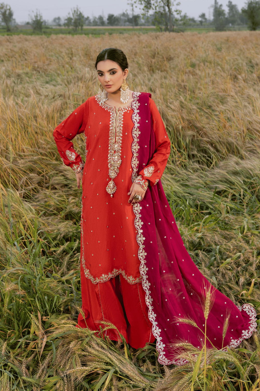 Rust Orange Embroidered Korean Raw Silk Partywear Suit Online in Dubai UAE Abudhabi Ajman Sharjah