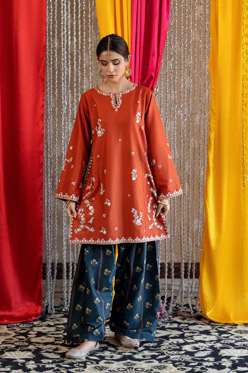 Rust Orange Embroidered Lawn Farshi Shalwar Kurta Set Online in Dubai UAE Abudhabi Ajman Sharjah