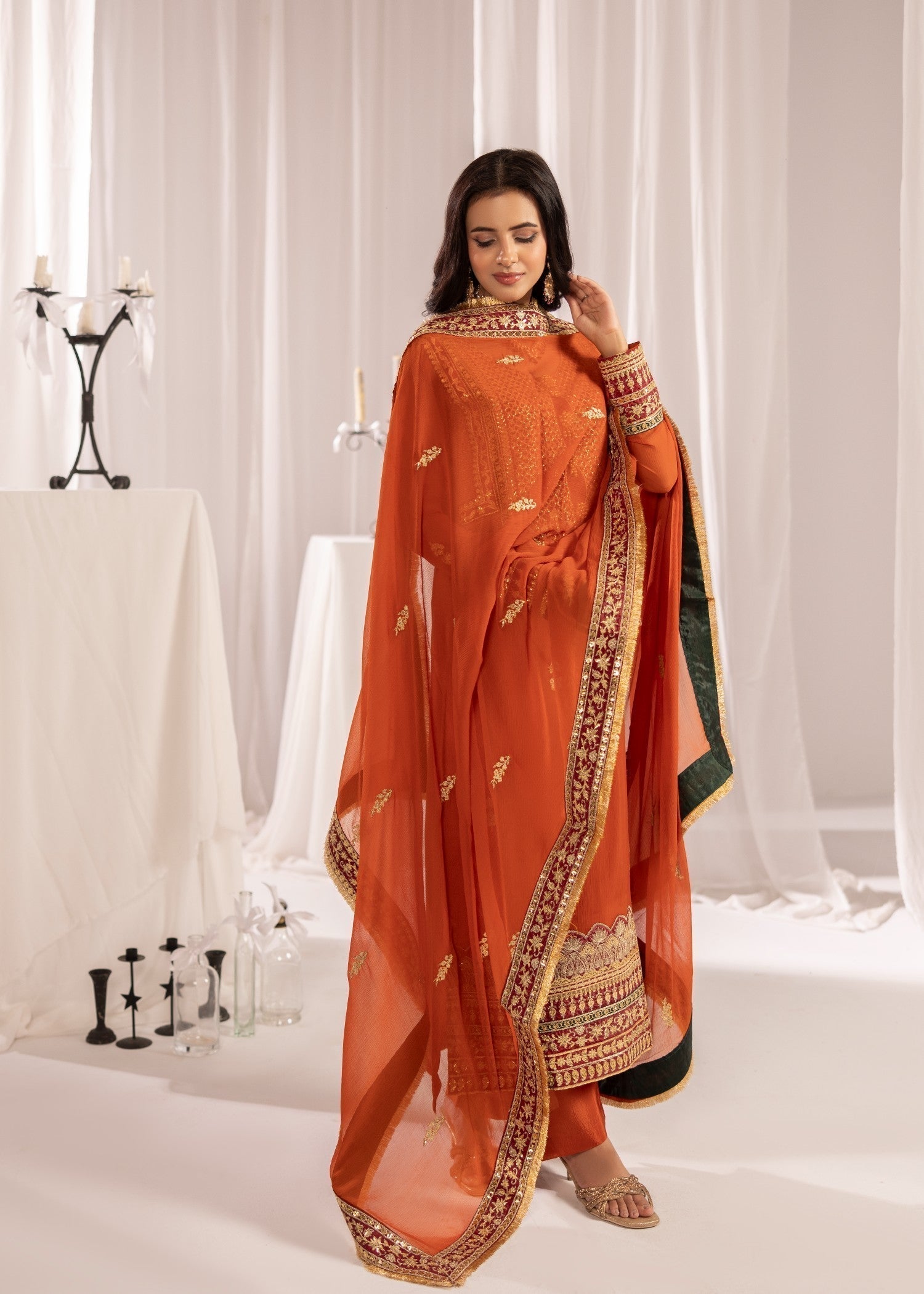 Rust Orange Embroidered Long Kurta with Dupatta Online in Dubai DXB UAE Abudhabi Meena Bazaar