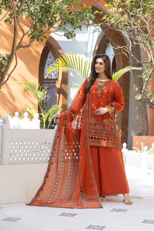 Rust Orange Embroidered Organza Partywear Suit Online in Dubai UAE Abudhabi Ajman Sharjah