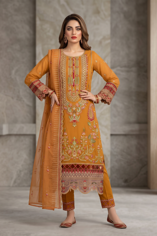Rust Orange Embroidered Organza Partywear Suit Online in Dubai UAE Abudhabi Ajman Sharjah