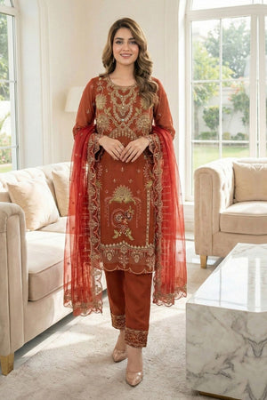 Rust Orange Embroidered Organza Salwar Kameez Online in Dubai UAE Abudhabi Ajman Sharjah
