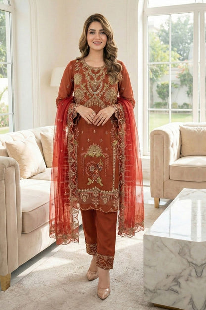Rust Orange Embroidered Organza Salwar Kameez Online in Dubai UAE Abudhabi Ajman Sharjah
