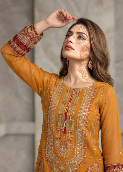 Rust Orange Embroidered Organza Three Piece Outfit Online in Dubai DXB UAE Abudhabi Meena Bazaar