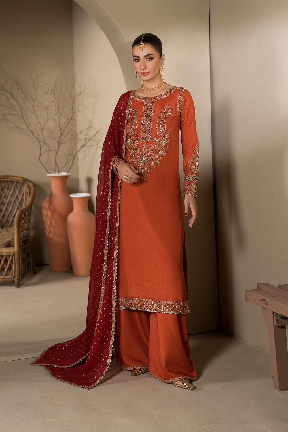 Rust Orange Embroidered Raw Silk Partywear Suit Online in Dubai UAE Abudhabi Ajman Sharjah