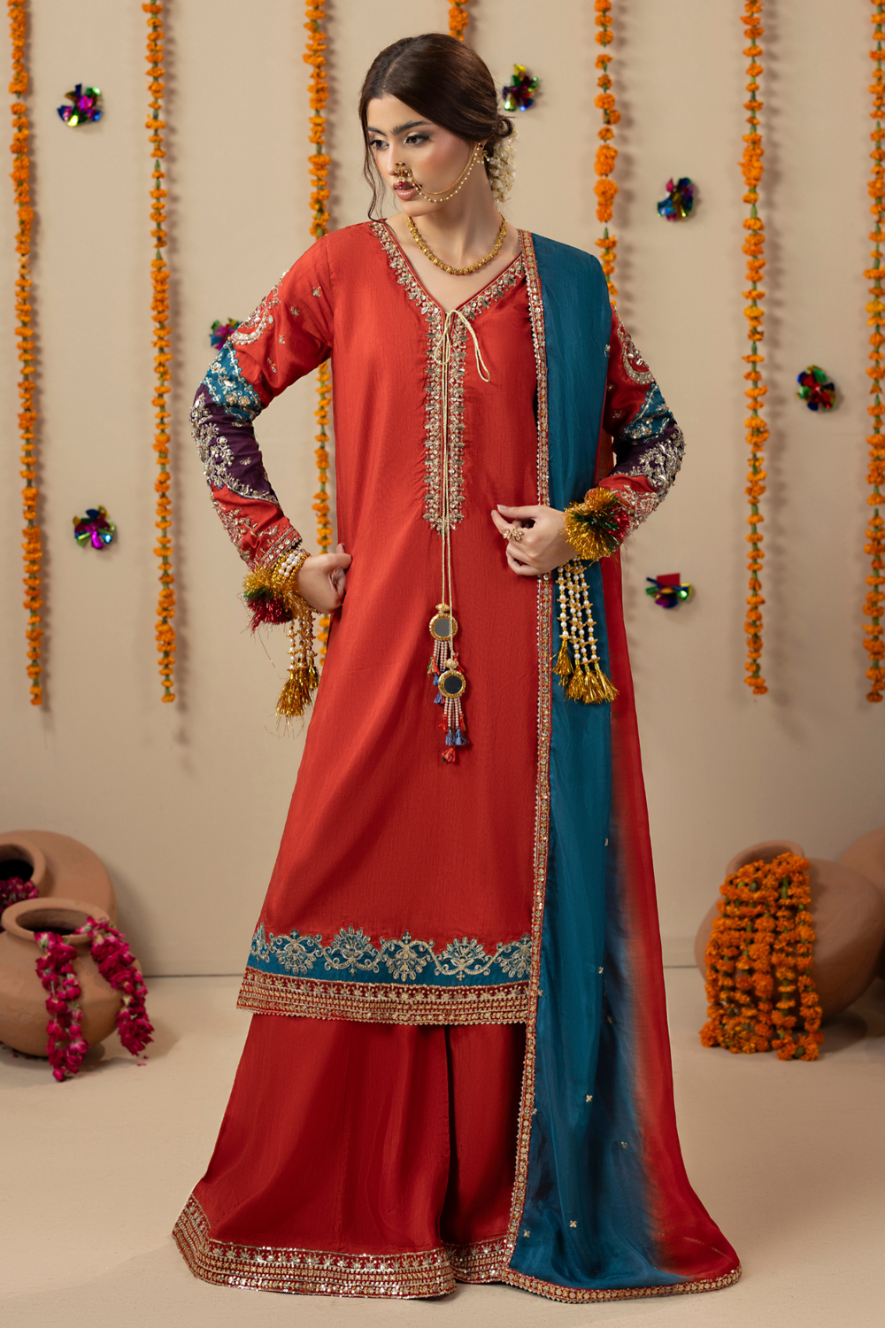 Rust Orange Embroidered Raw Silk Wedding Suit Online in Dubai UAE Abudhabi Ajman Sharjah