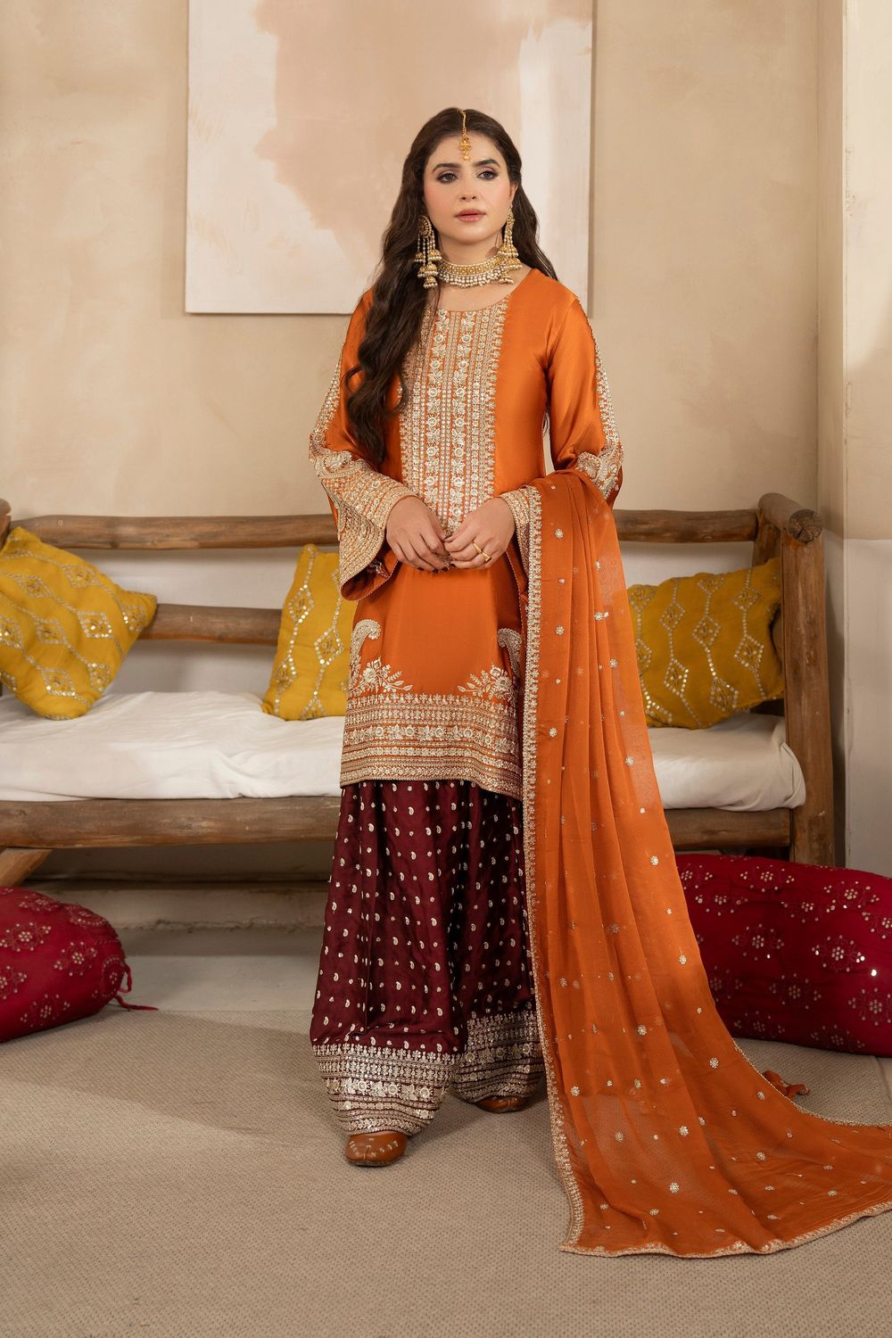 Rust Orange Embroidered Shamoz Silk Pakistani Suit Online in Dubai UAE Abudhabi Ajman Sharjah