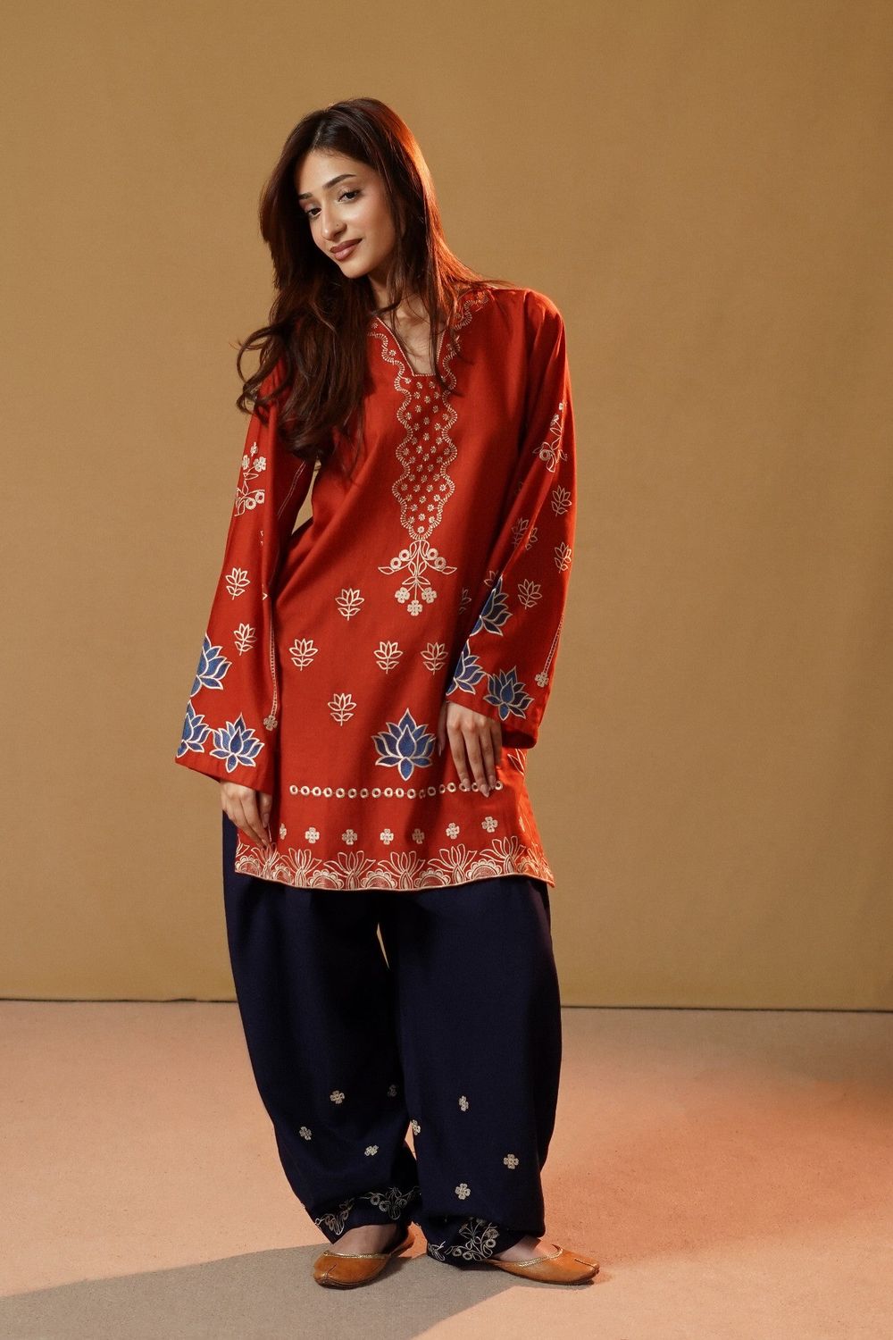 Rust Orange Embroidered Slub Khaddar Kurta Set Online in Dubai UAE Abudhabi Ajman Sharjah