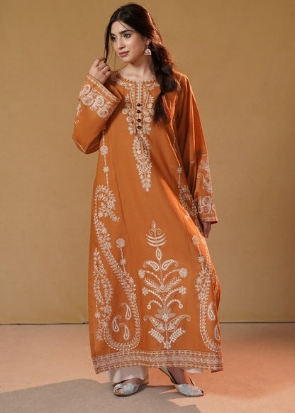 Rust Orange Embroidered Slub Khaddar Kurta Set Online in Dubai UAE Abudhabi Ajman Sharjah