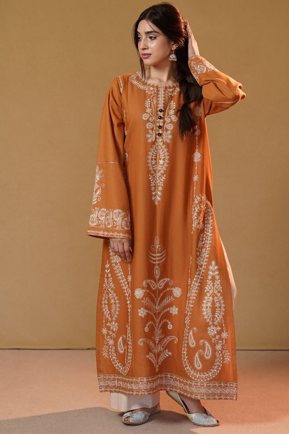 Rust Orange Embroidered Slub Khaddar Kurta Set Online in Dubai UAE Abudhabi Ajman Sharjah