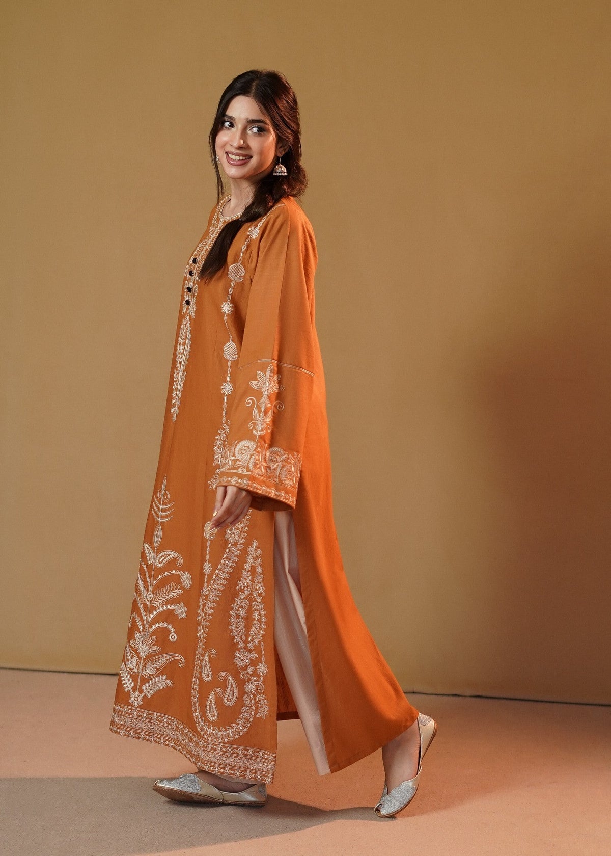 Rust Orange Embroidered Slub Khaddar Kurta Set Online in Dubai UAE Abudhabi Ajman Sharjah