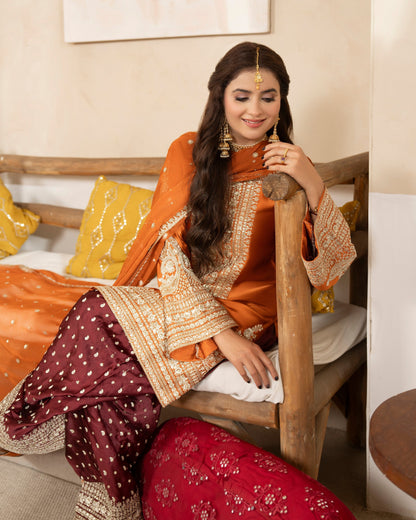 Rust Orange Festive Shamoz Silk Salwar Suit Online in Dubai DXB UAE Abudhabi Meena Bazaar