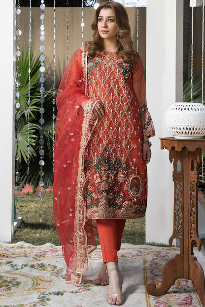 Rust Orange Hand Embellished Organza Partywear Suit Online in Dubai UAE Abudhabi Ajman Sharjah
